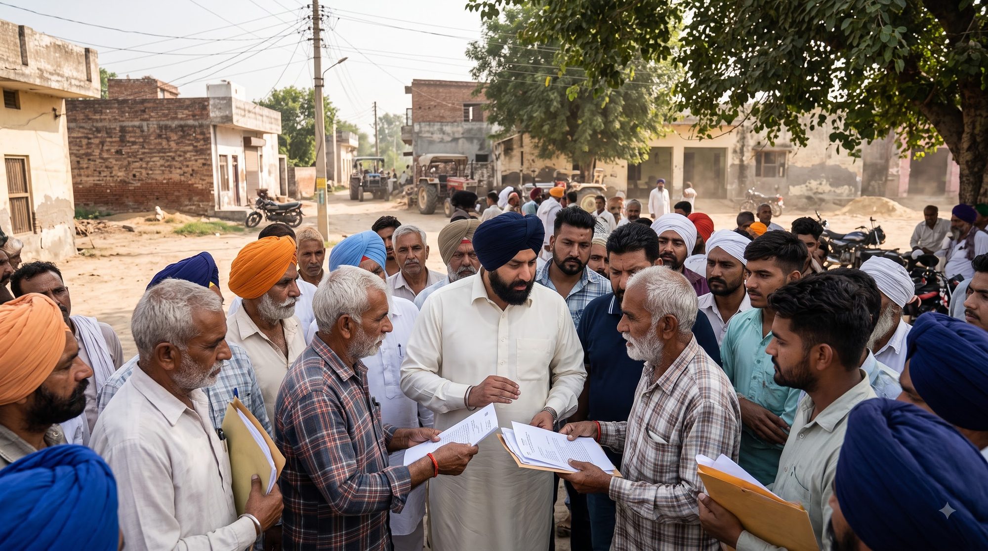 Shivcharan Singh Bhangoo listening to villagers and reading their papers, surrounded by residents