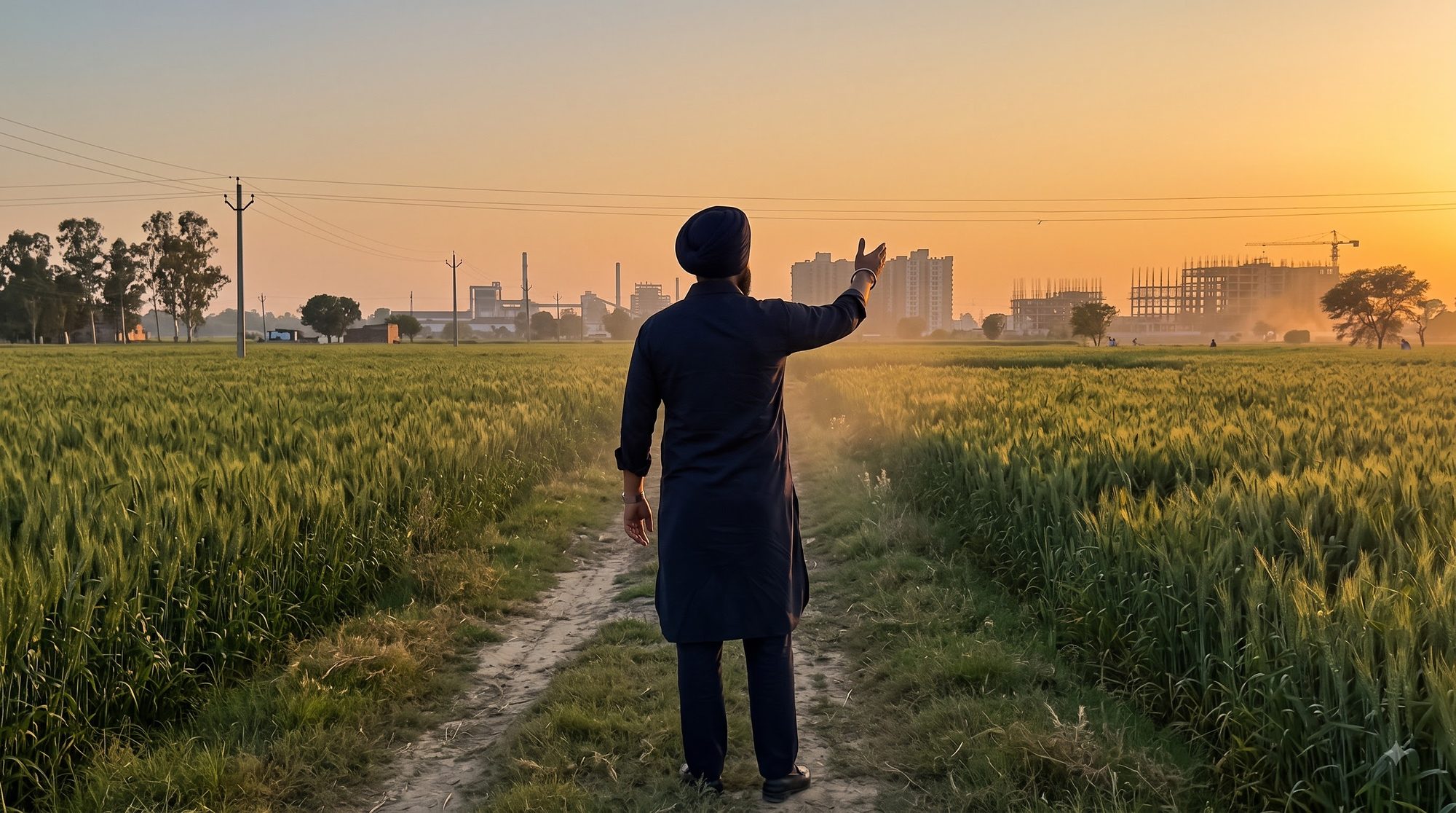 Shivcharan Singh Bhangoo in the fields, pointing towards Kharar's rising skyline at sunrise